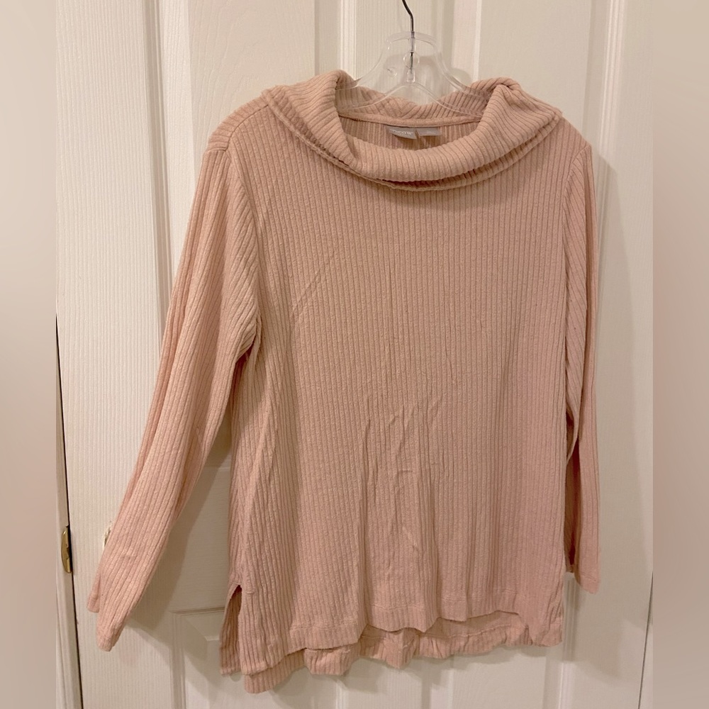 Chico’s pink sweater, size 0 like a large, look amazing and feel comfortable